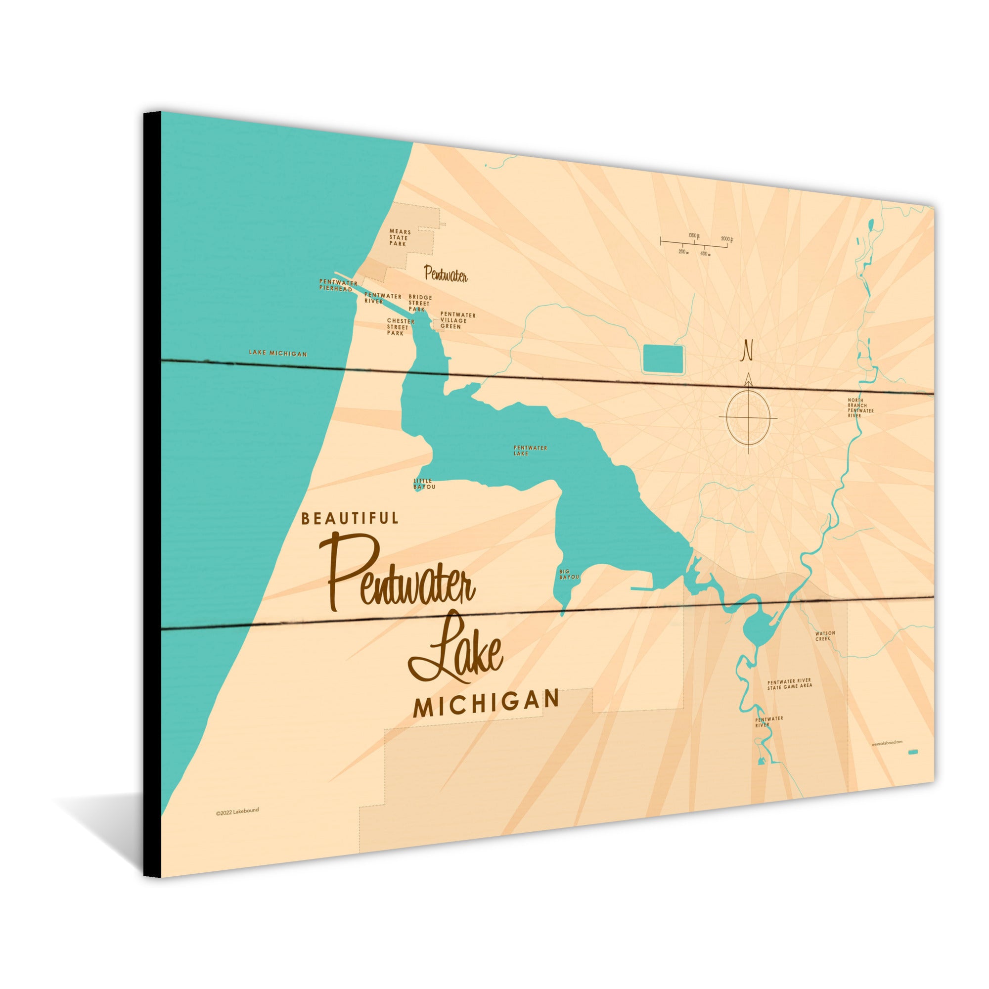 Pentwater Lake Michigan, Wood Sign Map Art