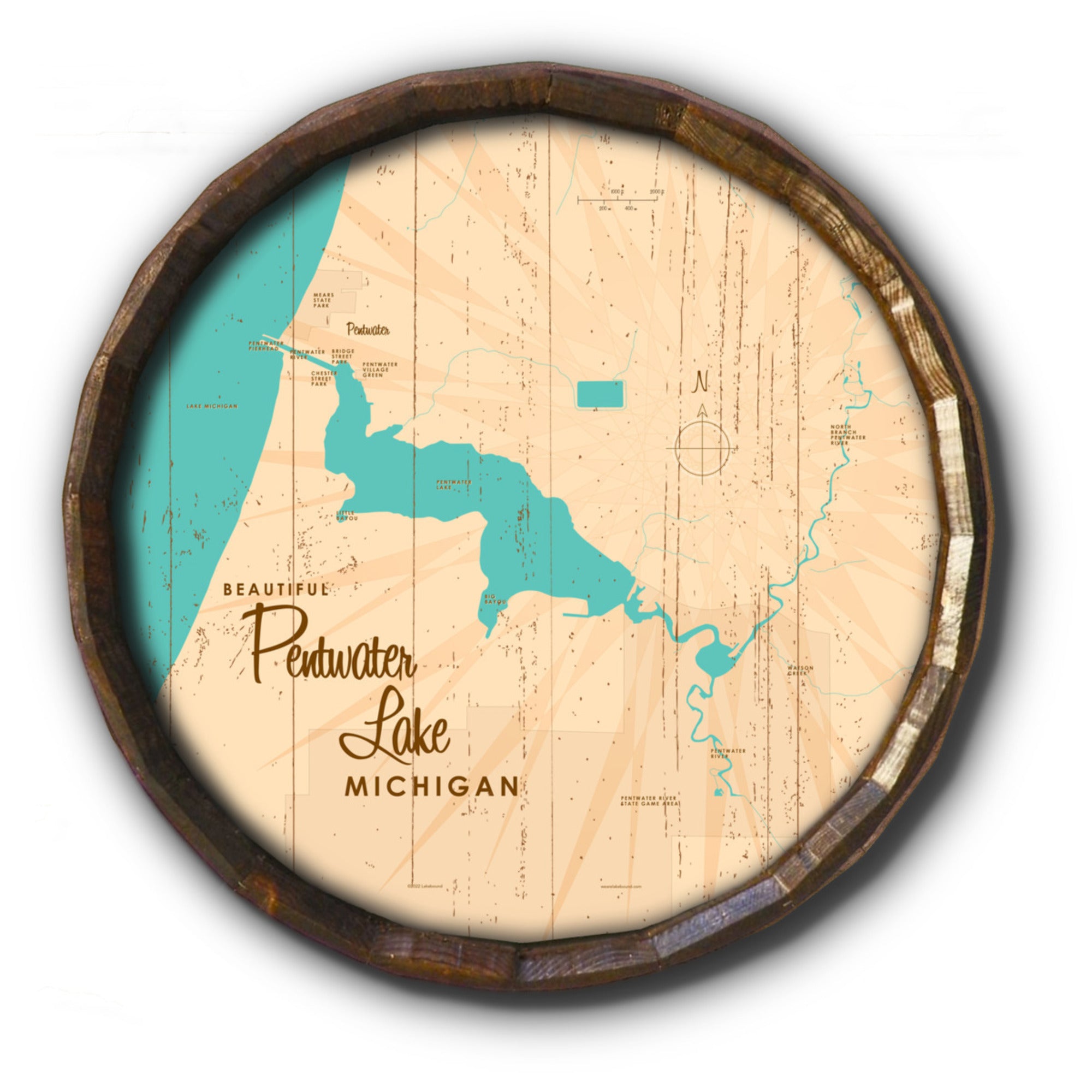 Pentwater Lake Michigan, Rustic Barrel End Map Art