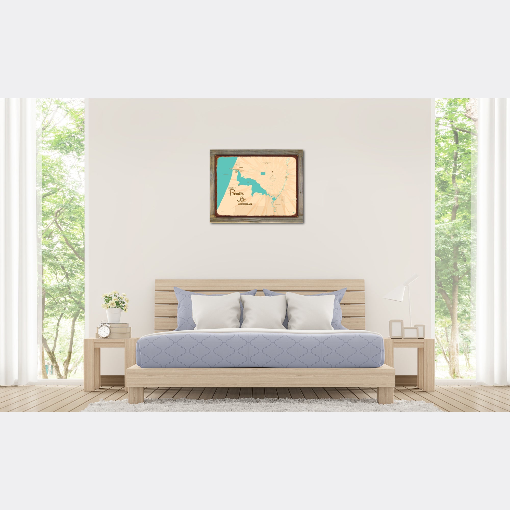 Pentwater Lake Michigan, Wood-Mounted Rustic Metal Sign Map Art