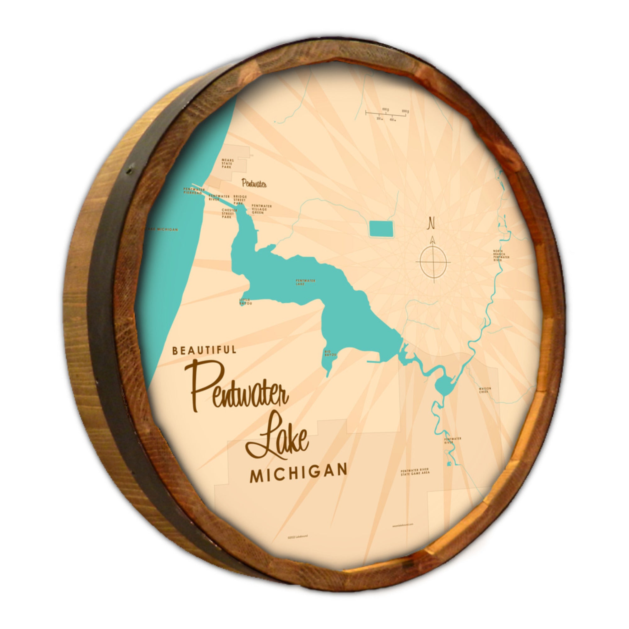 Pentwater Lake Michigan, Barrel End Map Art