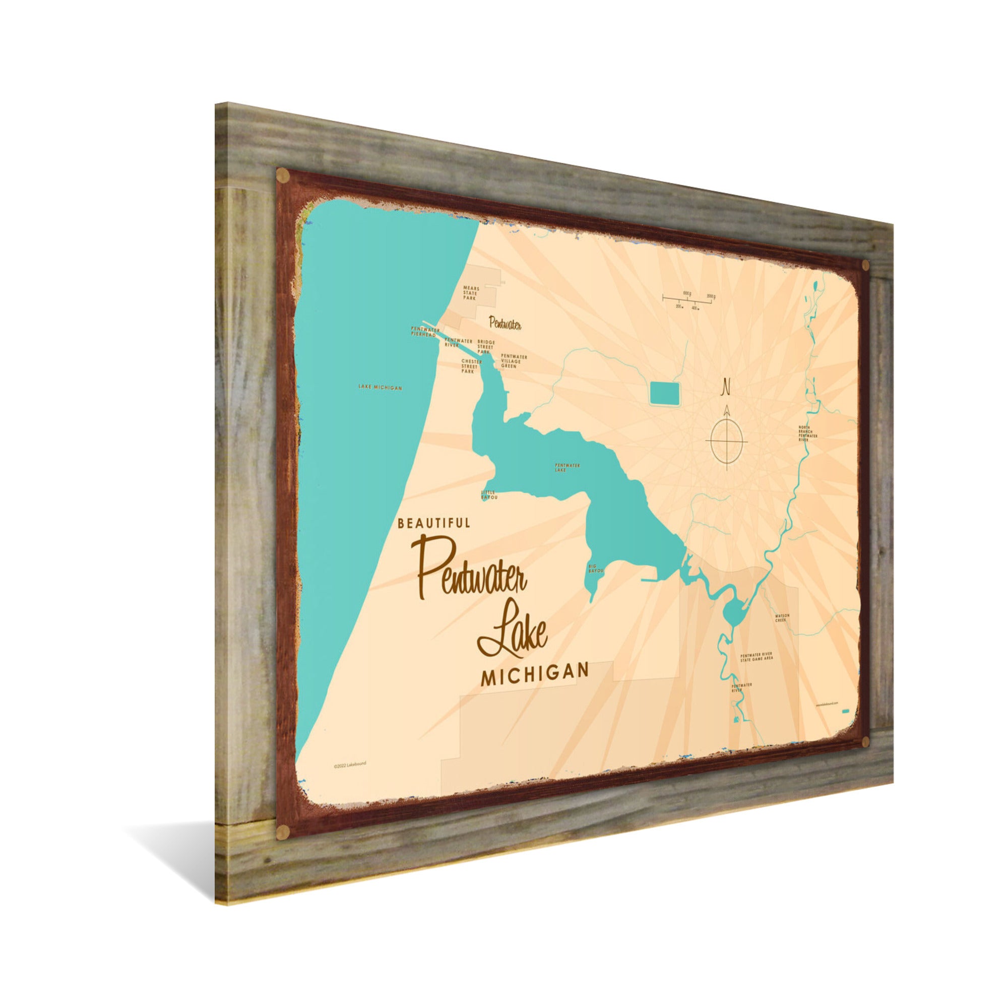 Pentwater Lake Michigan, Wood-Mounted Rustic Metal Sign Map Art