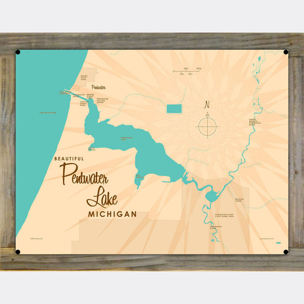 Pentwater Lake Michigan, Wood-Mounted Metal Sign Map Art