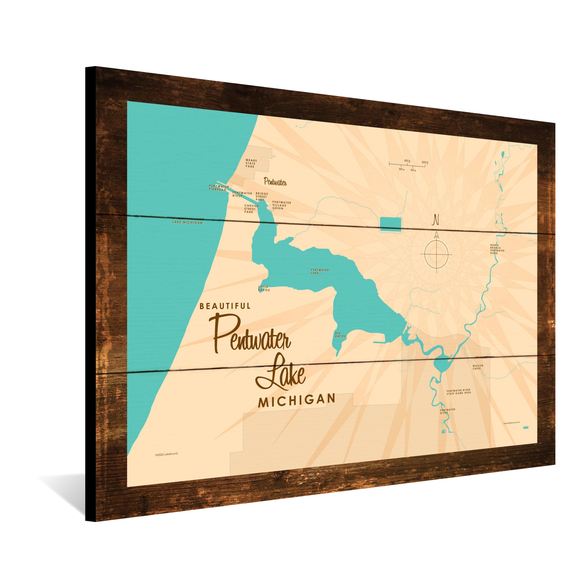 Pentwater Lake Michigan, Rustic Wood Sign Map Art