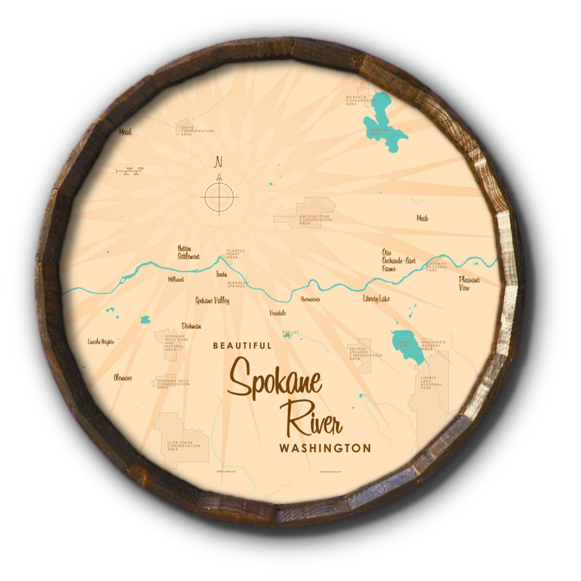 Spokane River Washington, Barrel End Map Art