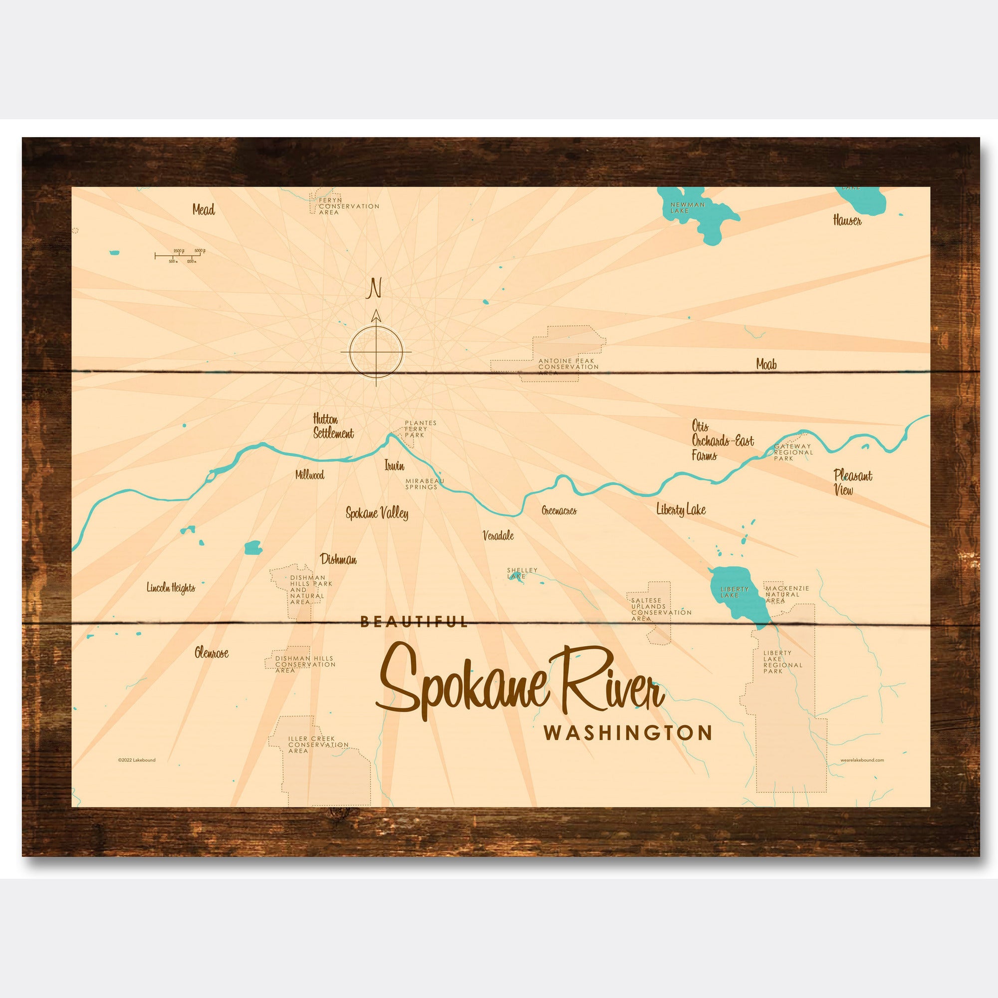 Spokane River Washington, Rustic Wood Sign Map Art