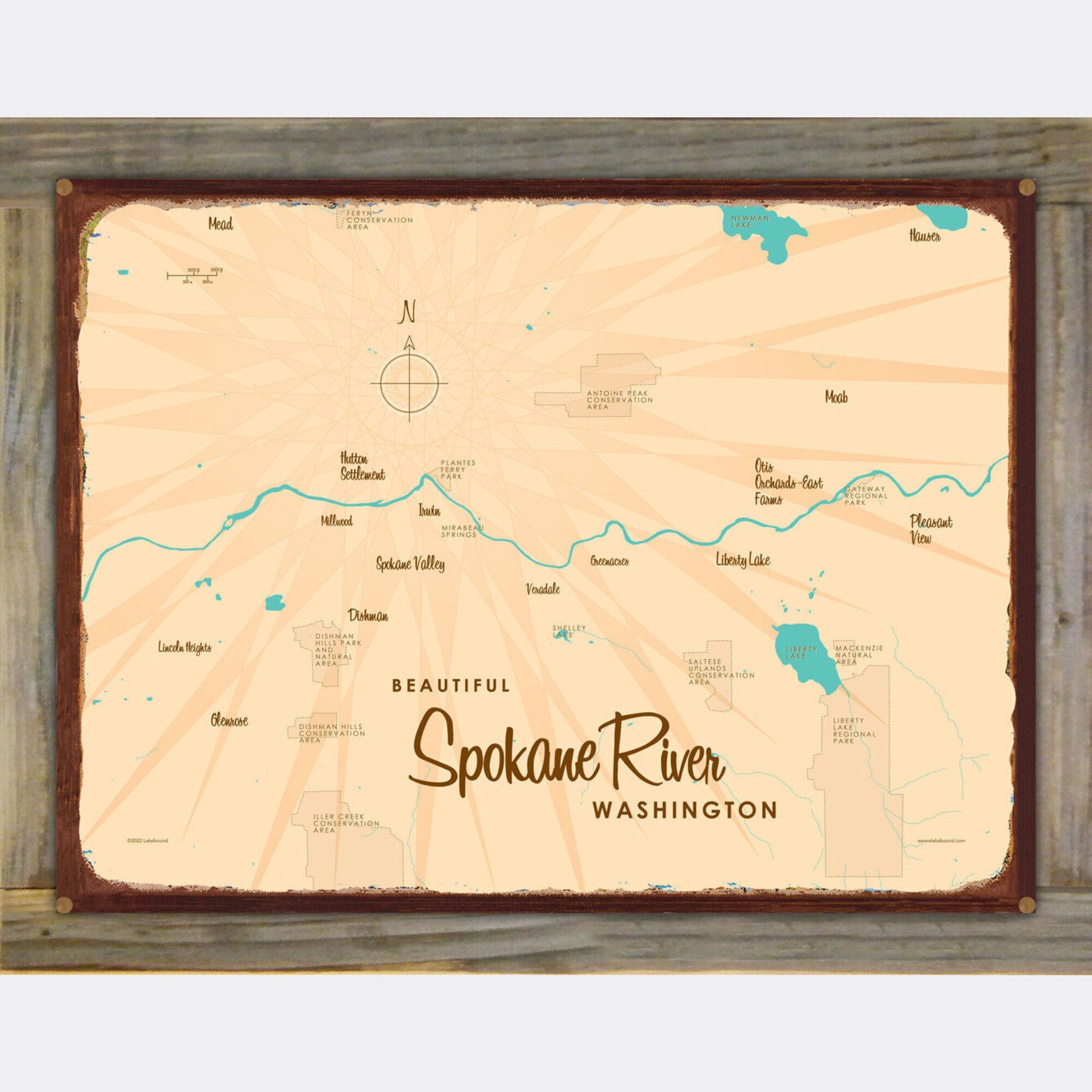 Spokane River Washington, Wood-Mounted Rustic Metal Sign Map Art