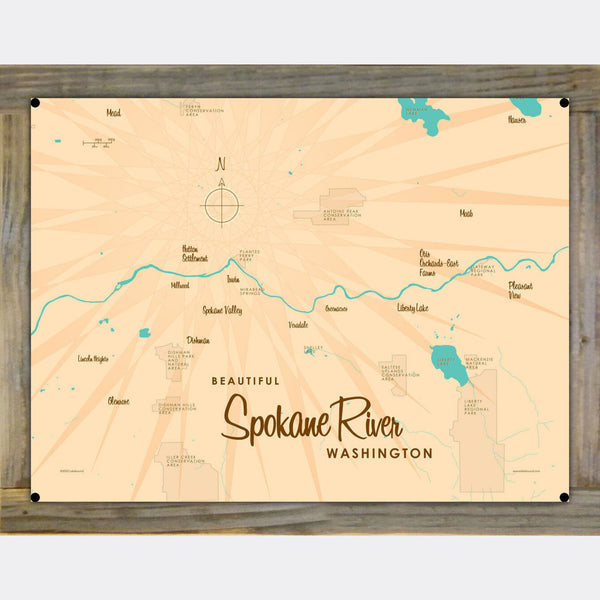 Spokane River Washington, Wood-Mounted Metal Sign Map Art