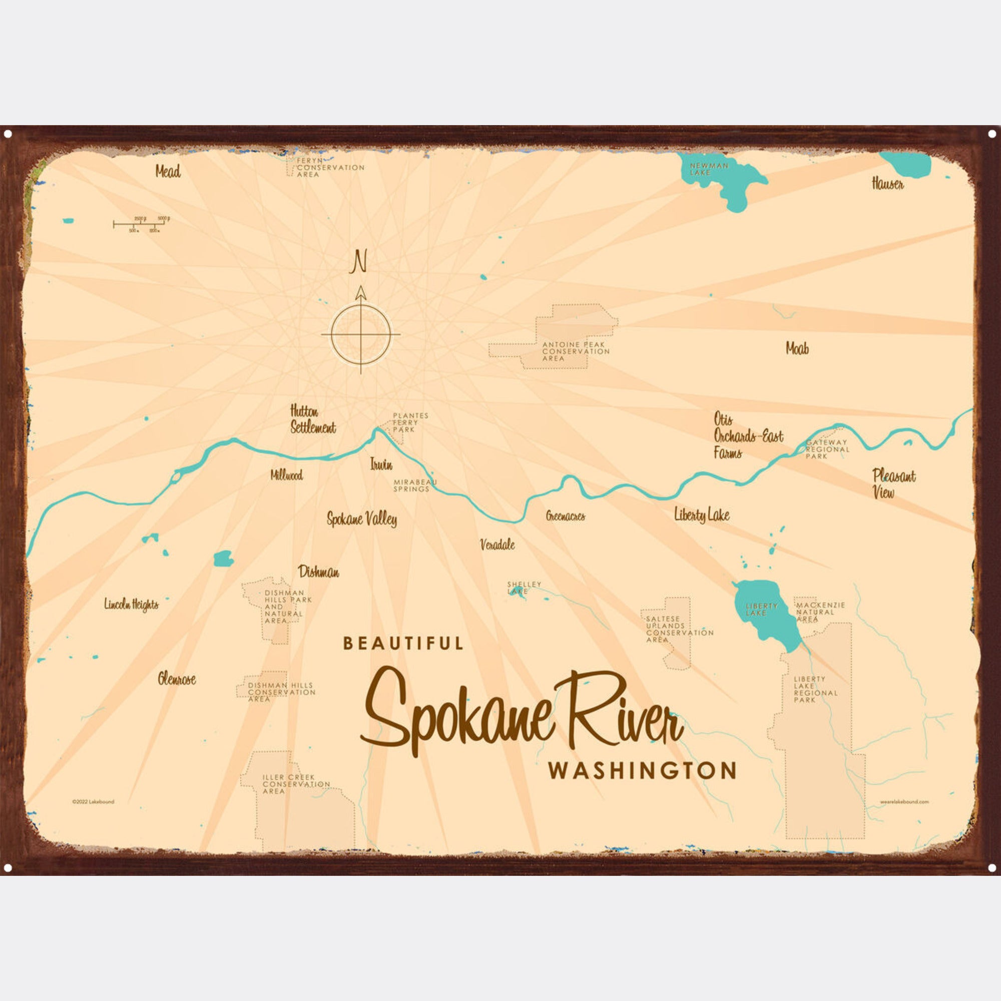 Spokane River Washington, Rustic Metal Sign Map Art