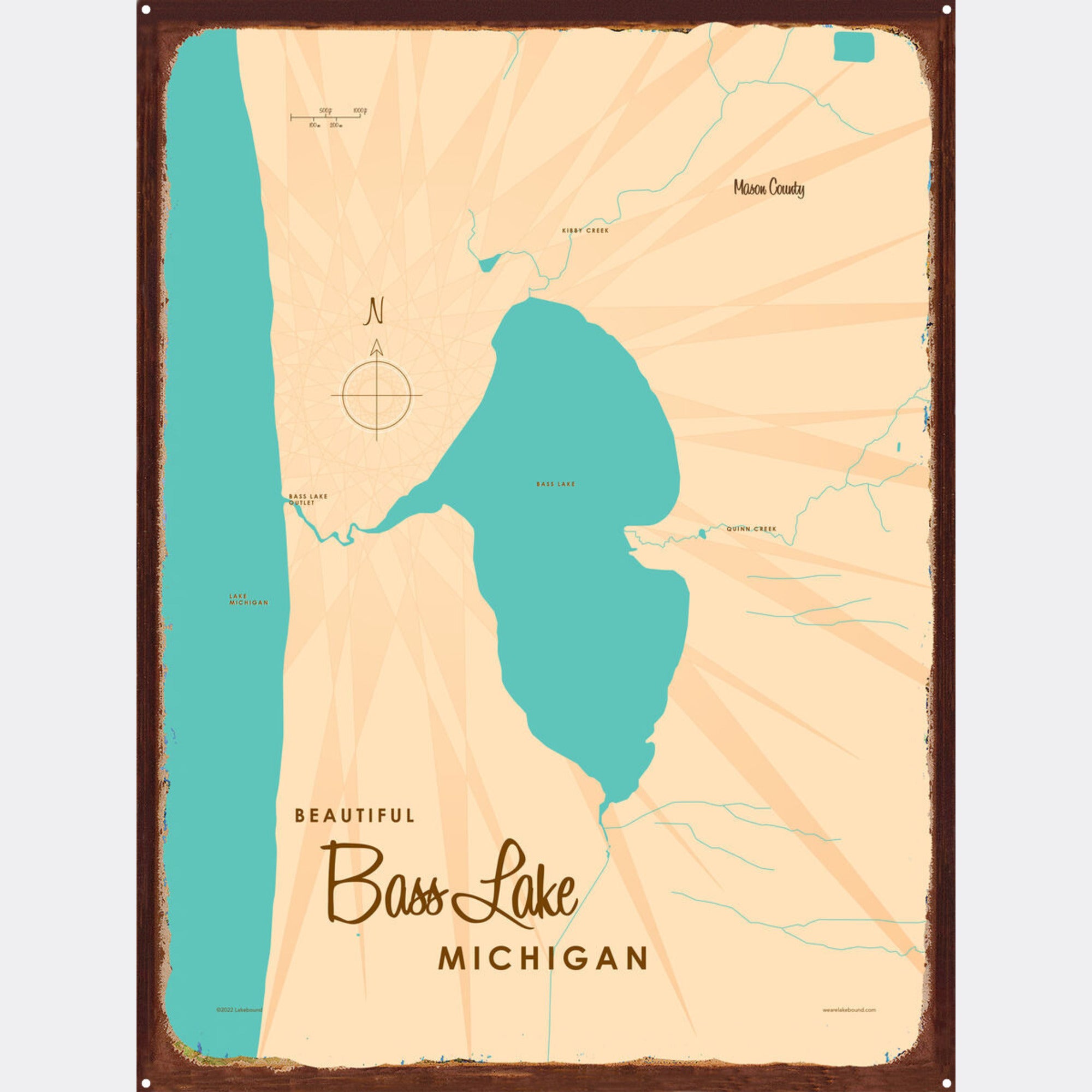 Bass Lake MI (Mason County), Rustic Metal Sign Map Art