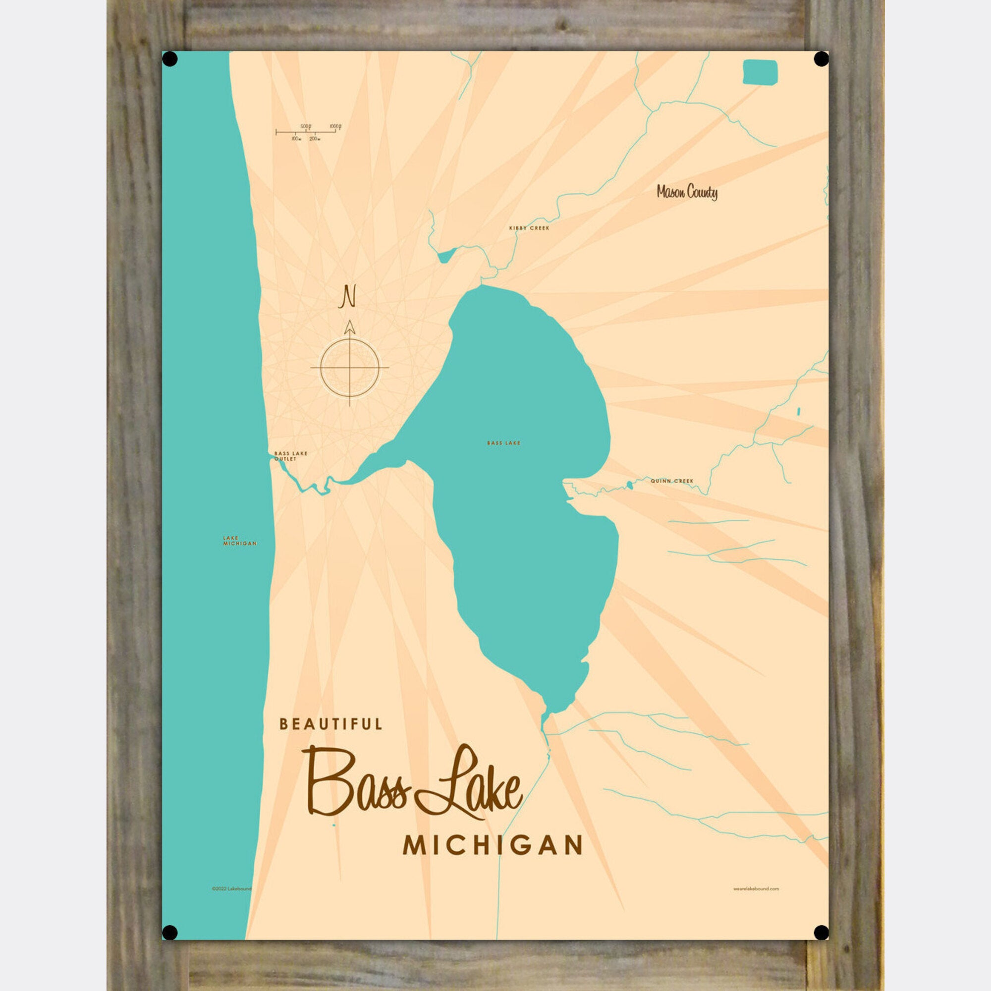 Bass Lake MI (Mason County), Wood-Mounted Metal Sign Map Art