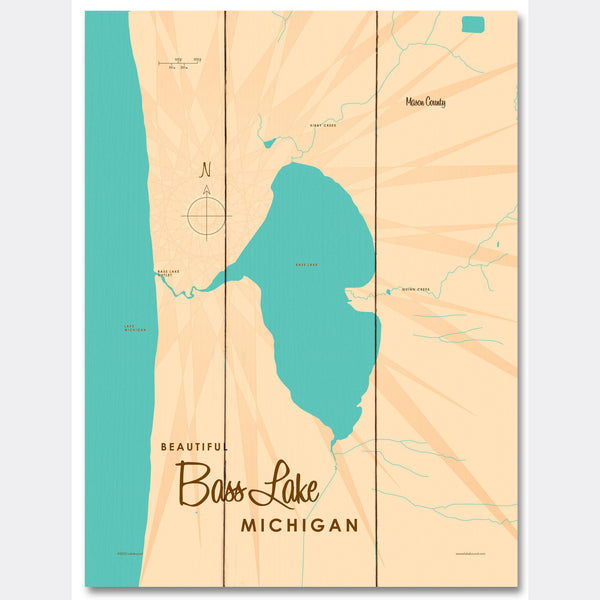 Bass Lake MI (Mason County), Wood Sign Map Art