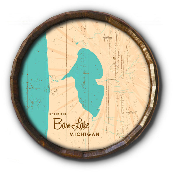 Bass Lake MI (Mason County), Rustic Barrel End Map Art