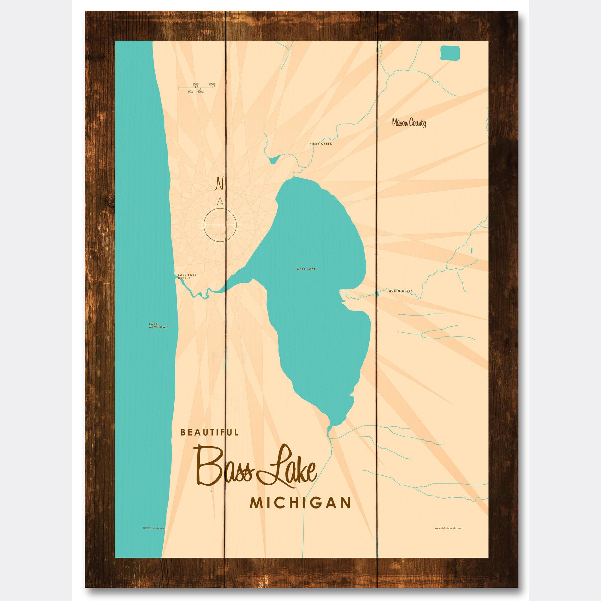 Bass Lake MI (Mason County), Rustic Wood Sign Map Art