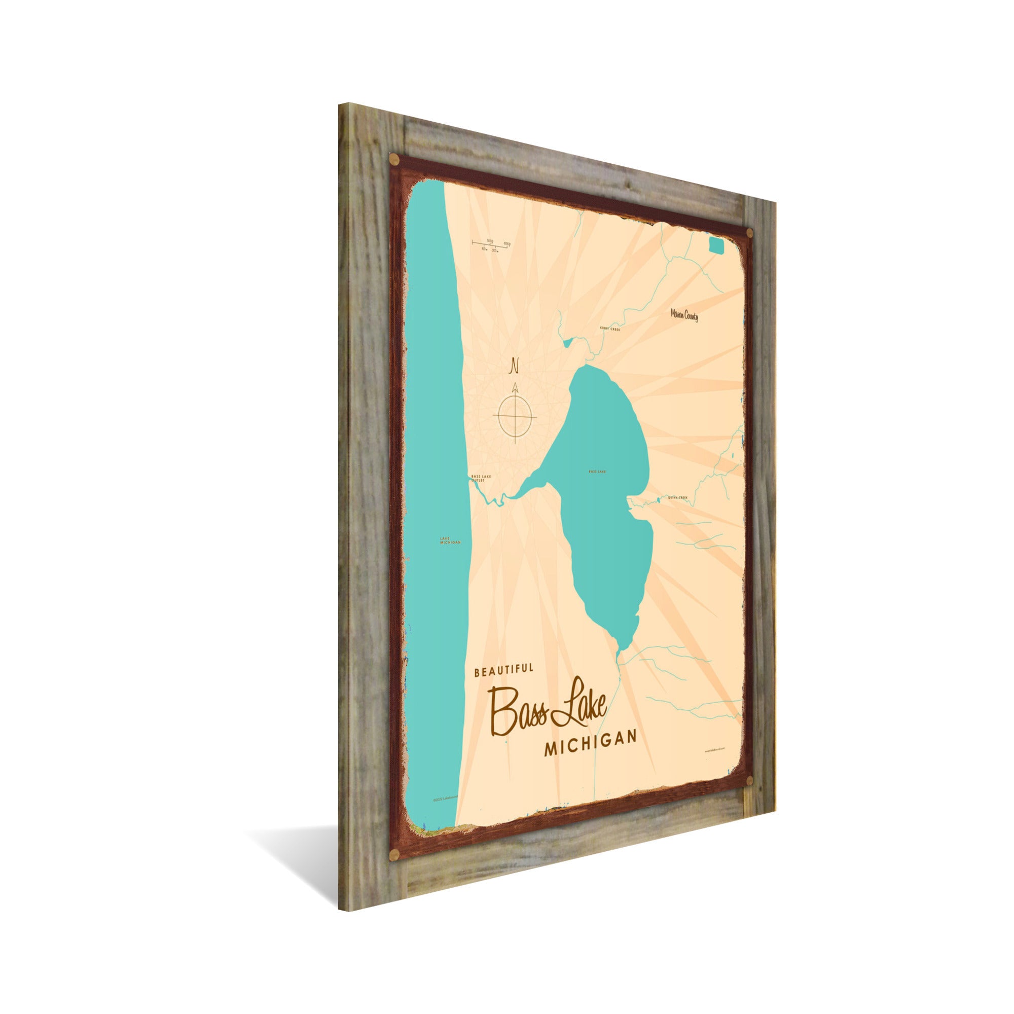 Bass Lake MI (Mason County), Wood-Mounted Rustic Metal Sign Map Art