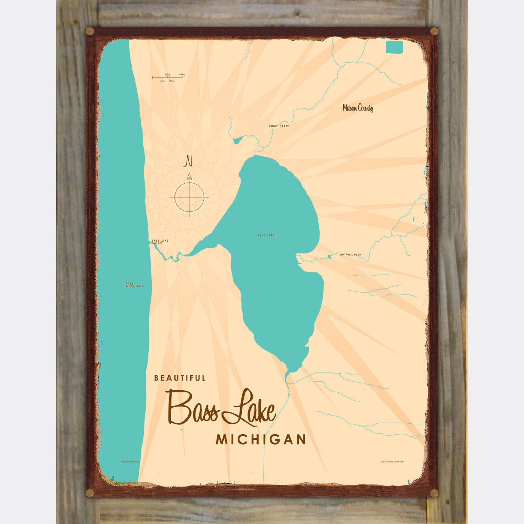 Bass Lake MI (Mason County), Wood-Mounted Rustic Metal Sign Map Art