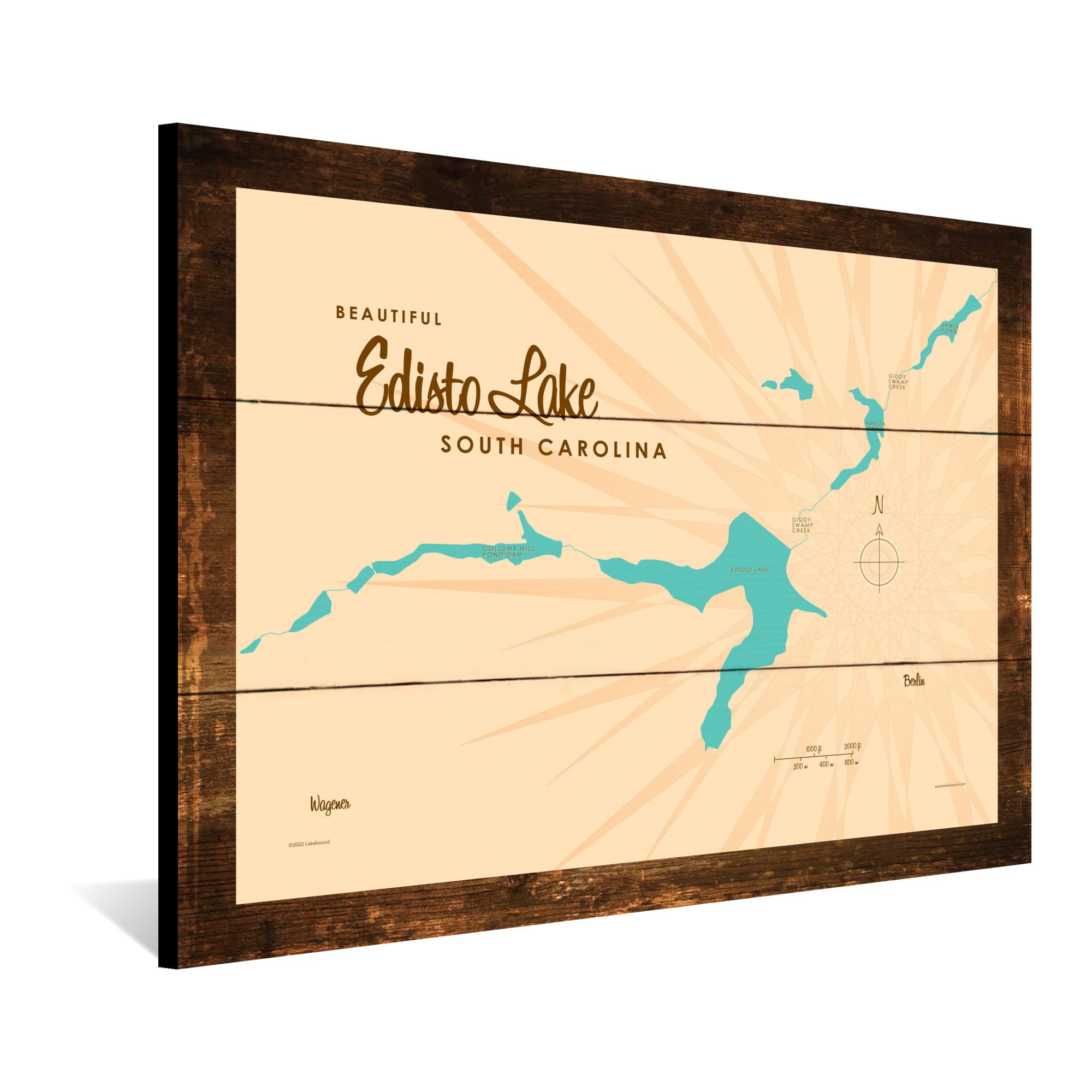 Edisto Lake South Carolina, Rustic Wood Sign Map Art
