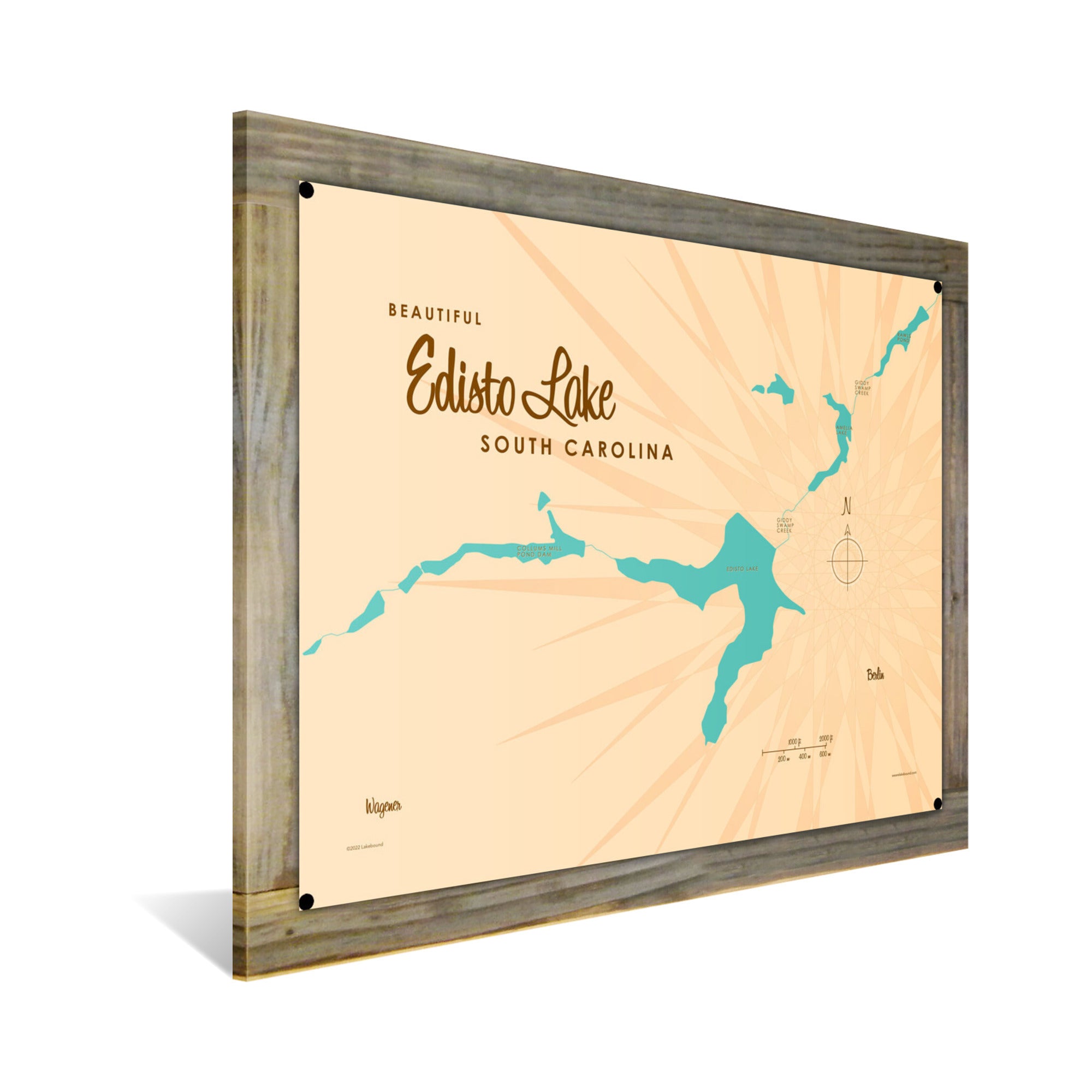 Edisto Lake South Carolina, Wood-Mounted Metal Sign Map Art