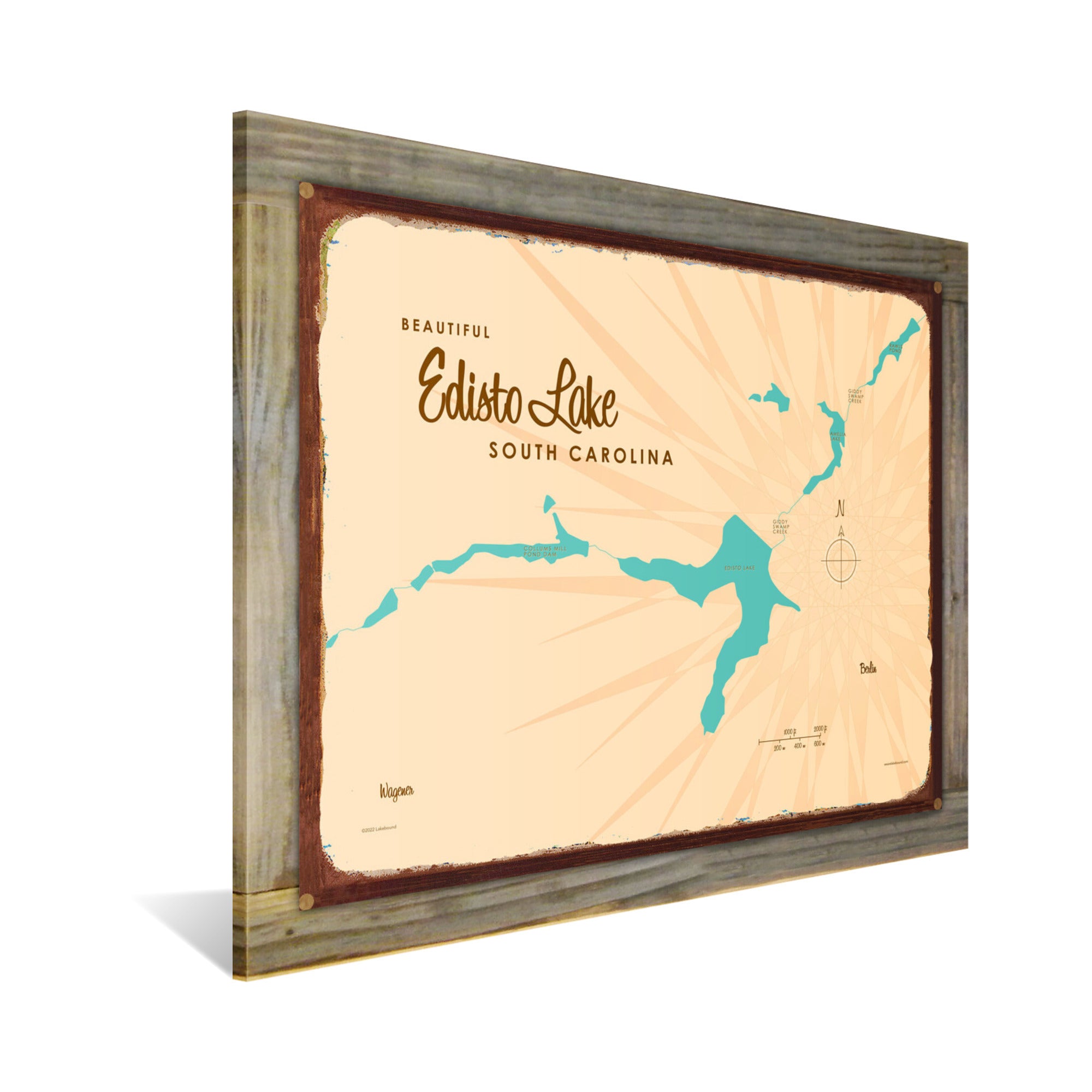 Edisto Lake South Carolina, Wood-Mounted Rustic Metal Sign Map Art