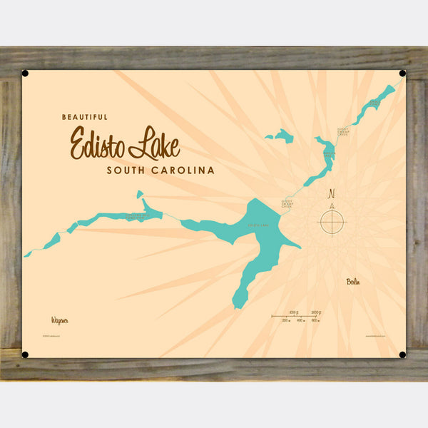 Edisto Lake South Carolina, Wood-Mounted Metal Sign Map Art