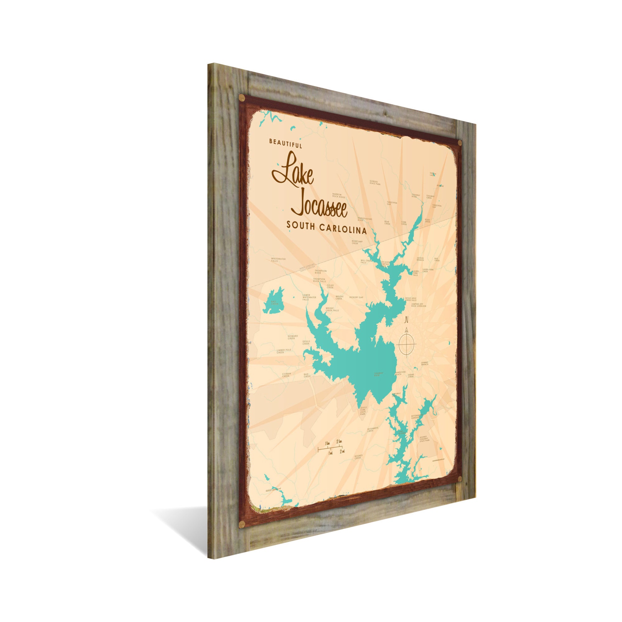 Lake Jocassee South Carolina, Wood-Mounted Rustic Metal Sign Map Art