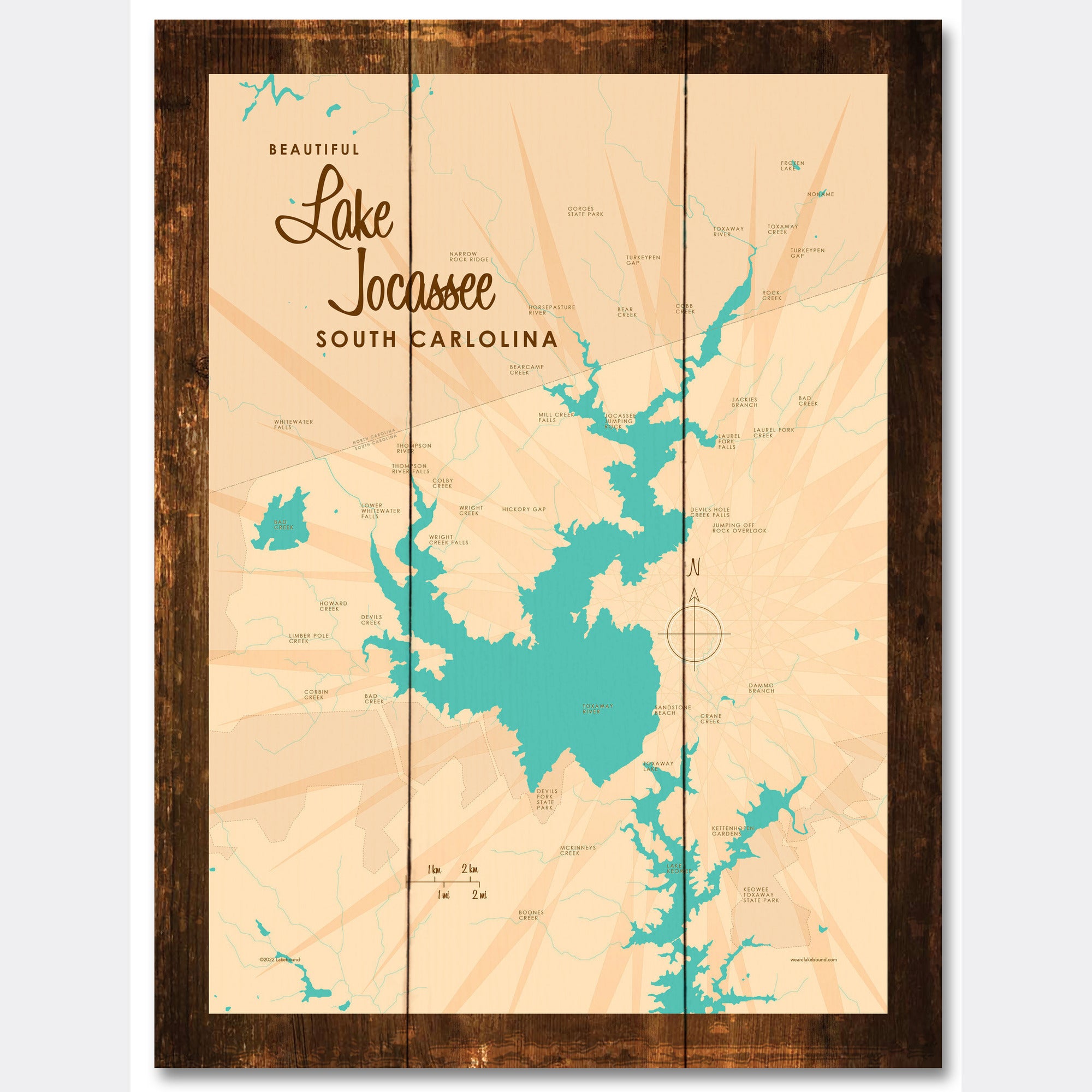 Lake Jocassee South Carolina, Rustic Wood Sign Map Art