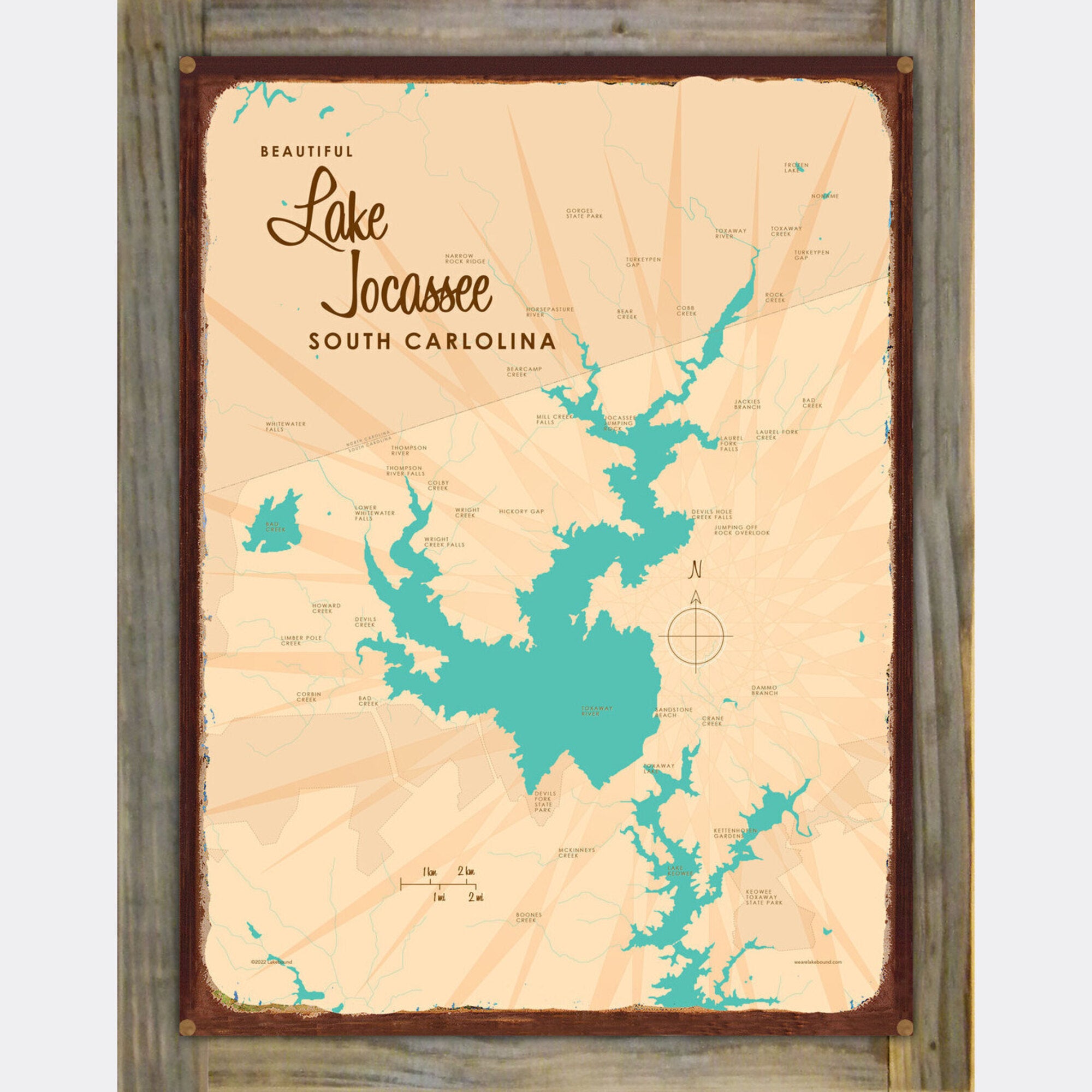 Lake Jocassee South Carolina, Wood-Mounted Rustic Metal Sign Map Art