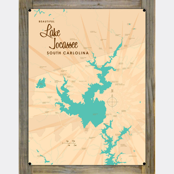 Lake Jocassee South Carolina, Wood-Mounted Metal Sign Map Art