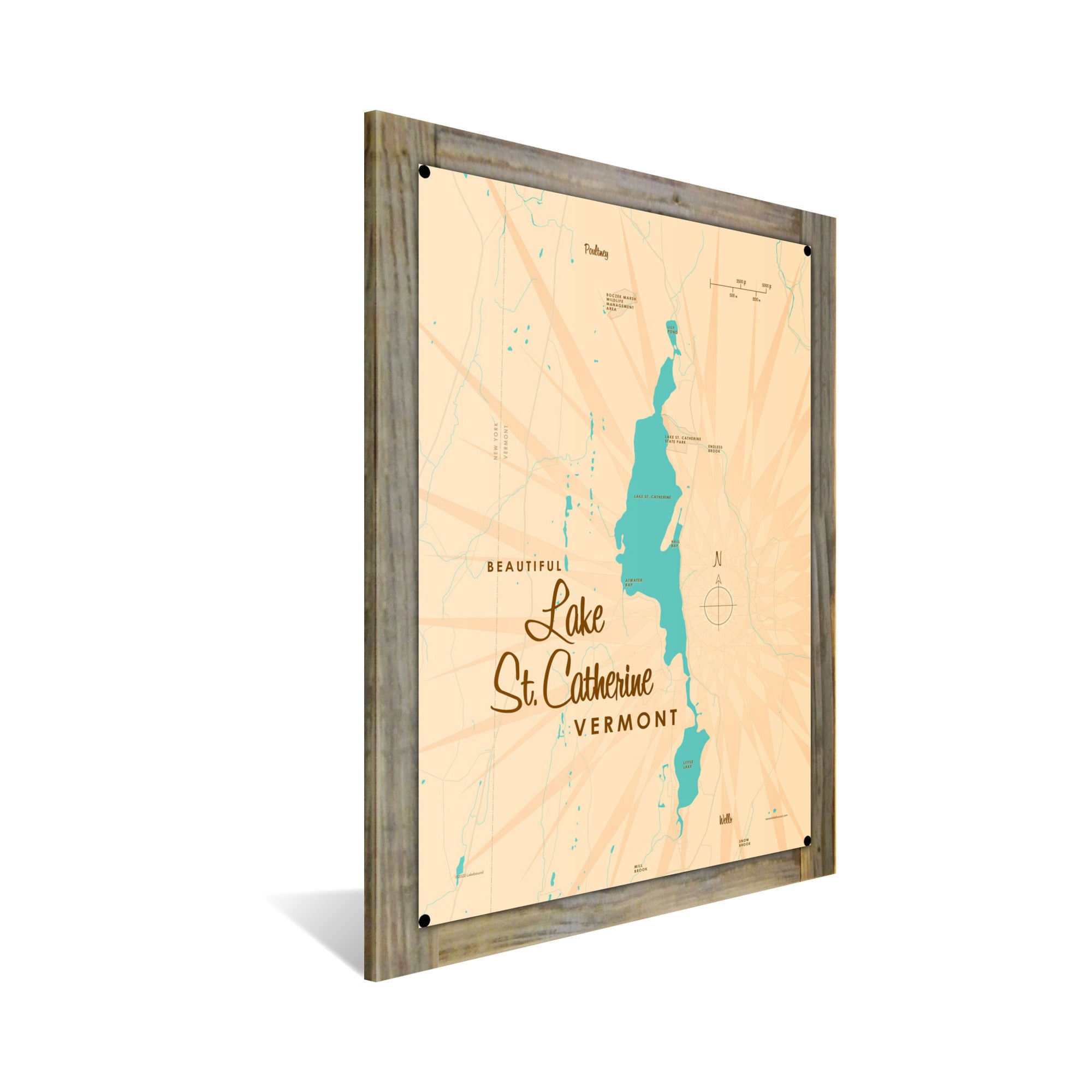 Lake St Catherine Vermont, Wood-Mounted Metal Sign Map Art