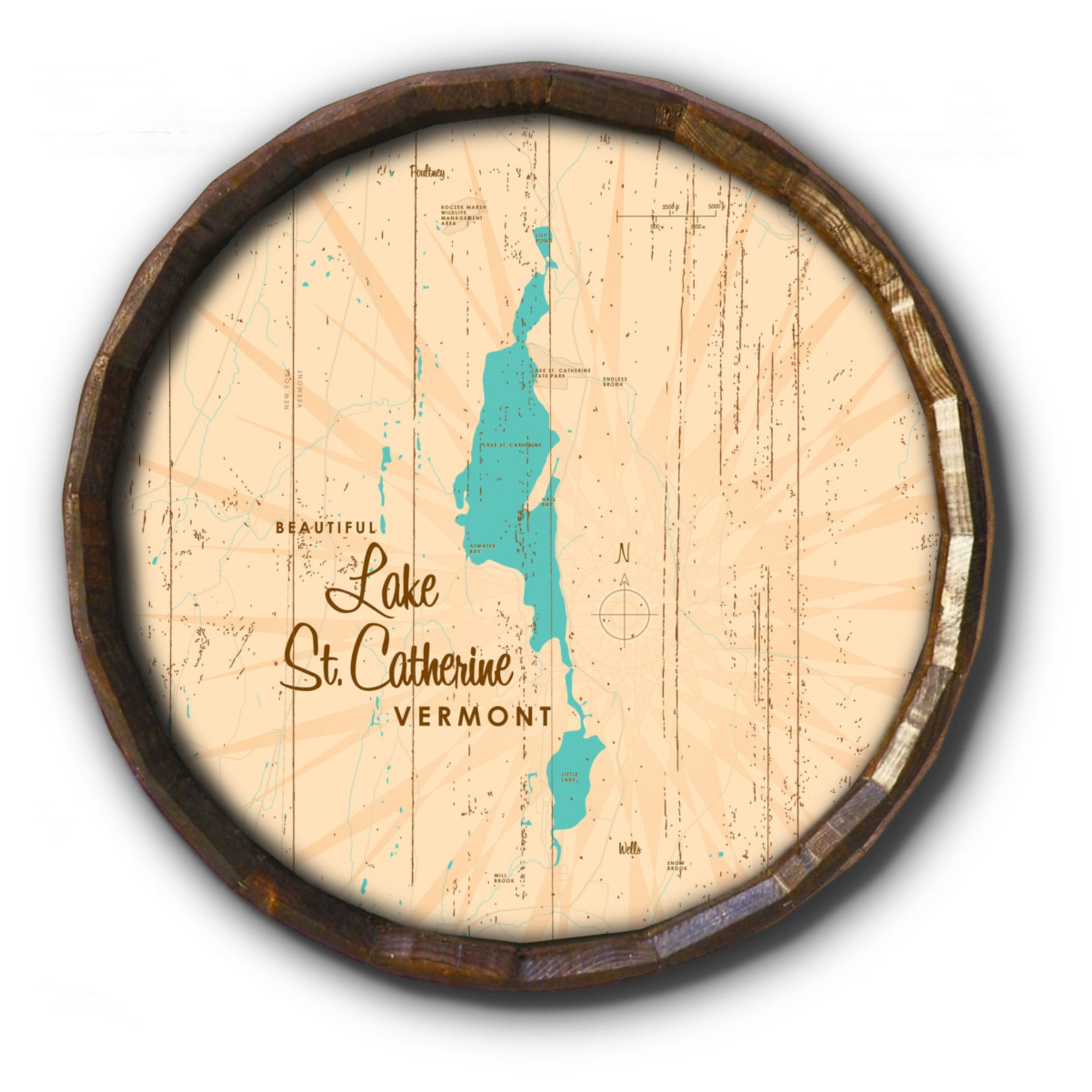 Lake St Catherine Vermont, Rustic Barrel End Map Art