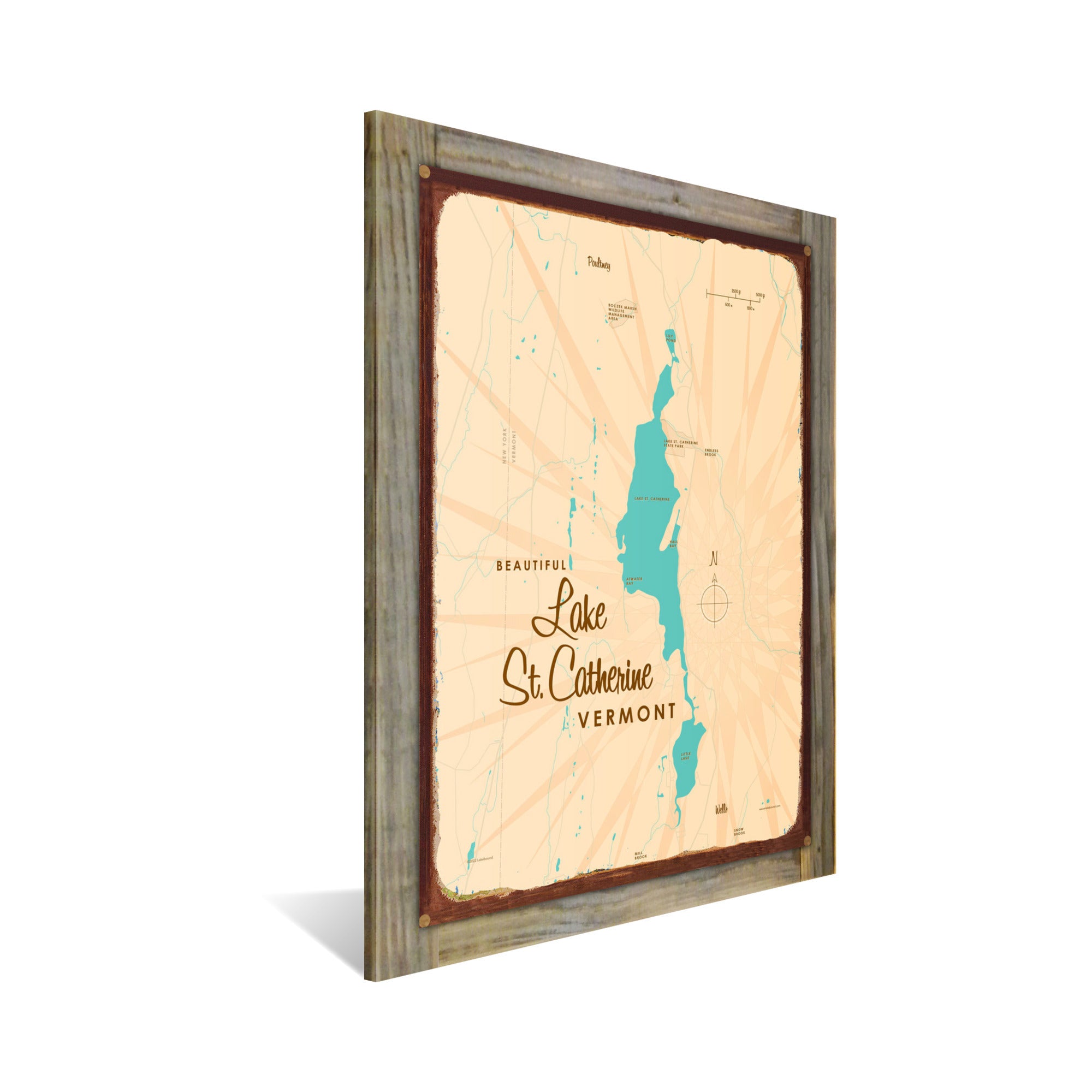 Lake St Catherine Vermont, Wood-Mounted Rustic Metal Sign Map Art