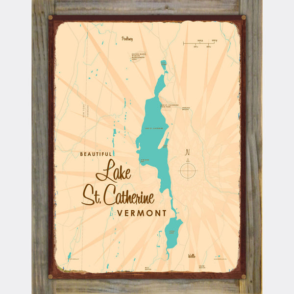 Lake St Catherine Vermont, Wood-Mounted Rustic Metal Sign Map Art