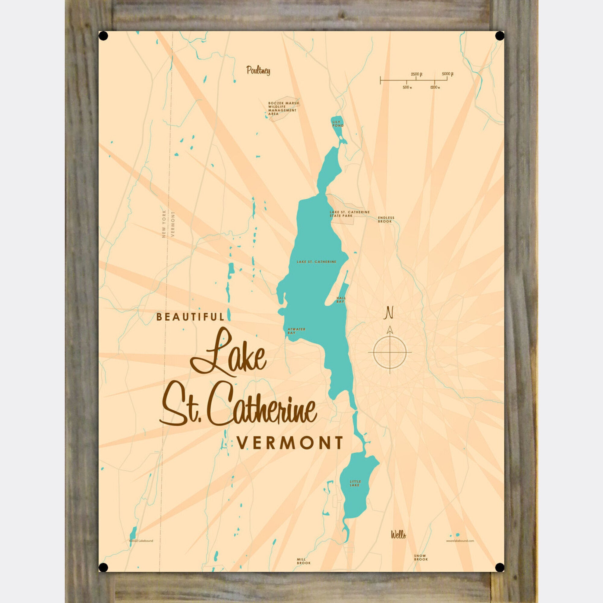 Lake St Catherine Vermont, Wood-Mounted Metal Sign Map Art