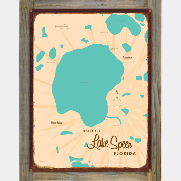 Lake Speer Florida, Wood-Mounted Rustic Metal Sign Map Art