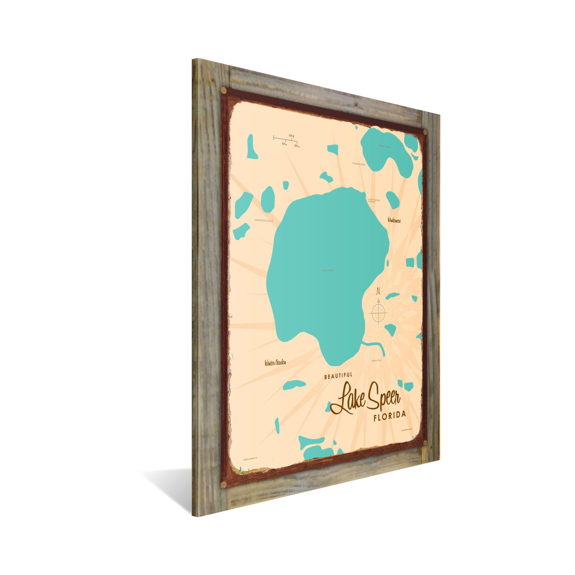 Lake Speer Florida, Wood-Mounted Rustic Metal Sign Map Art