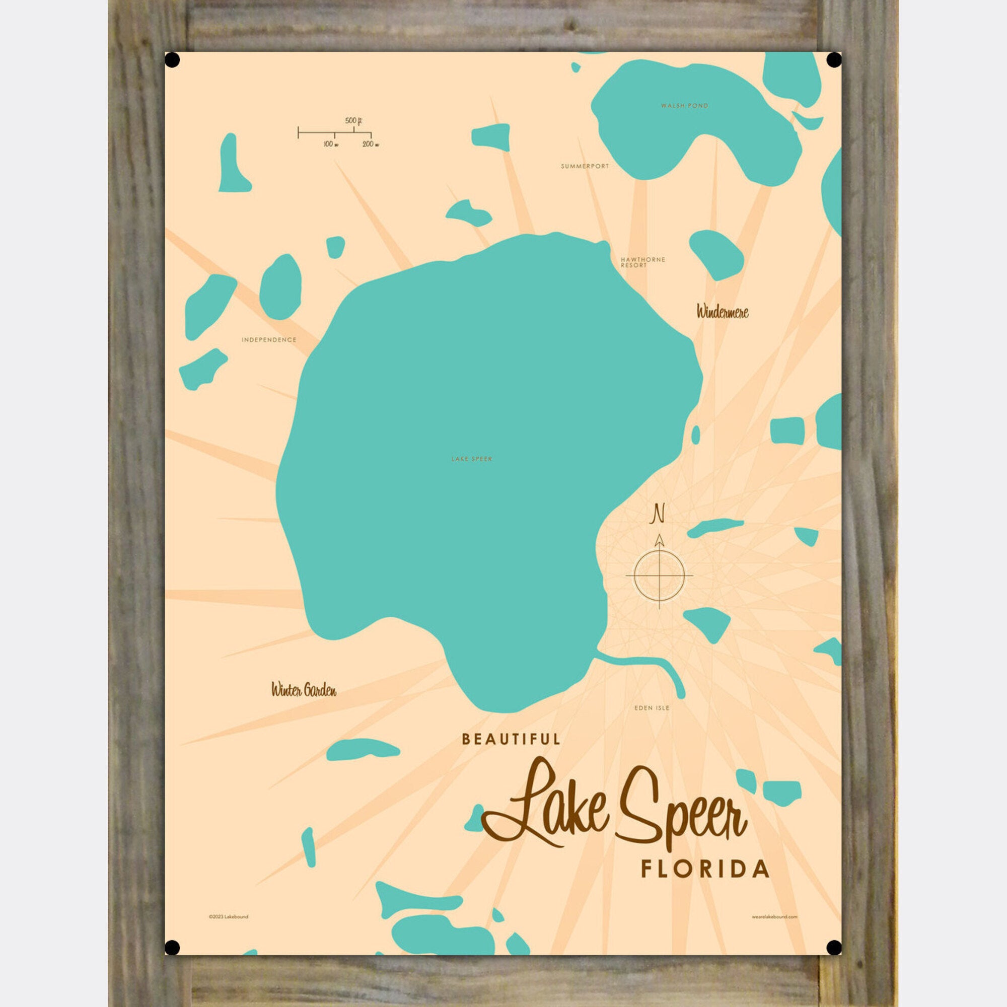 Lake Speer Florida, Wood-Mounted Metal Sign Map Art