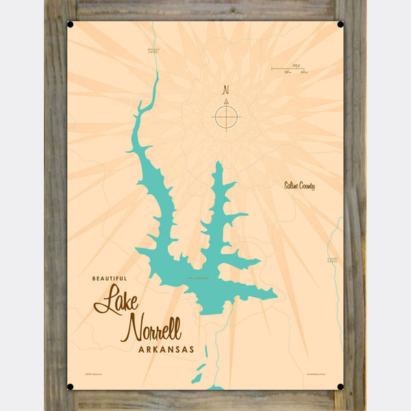 Lake Norrell Arkansas, Wood-Mounted Metal Sign Map Art