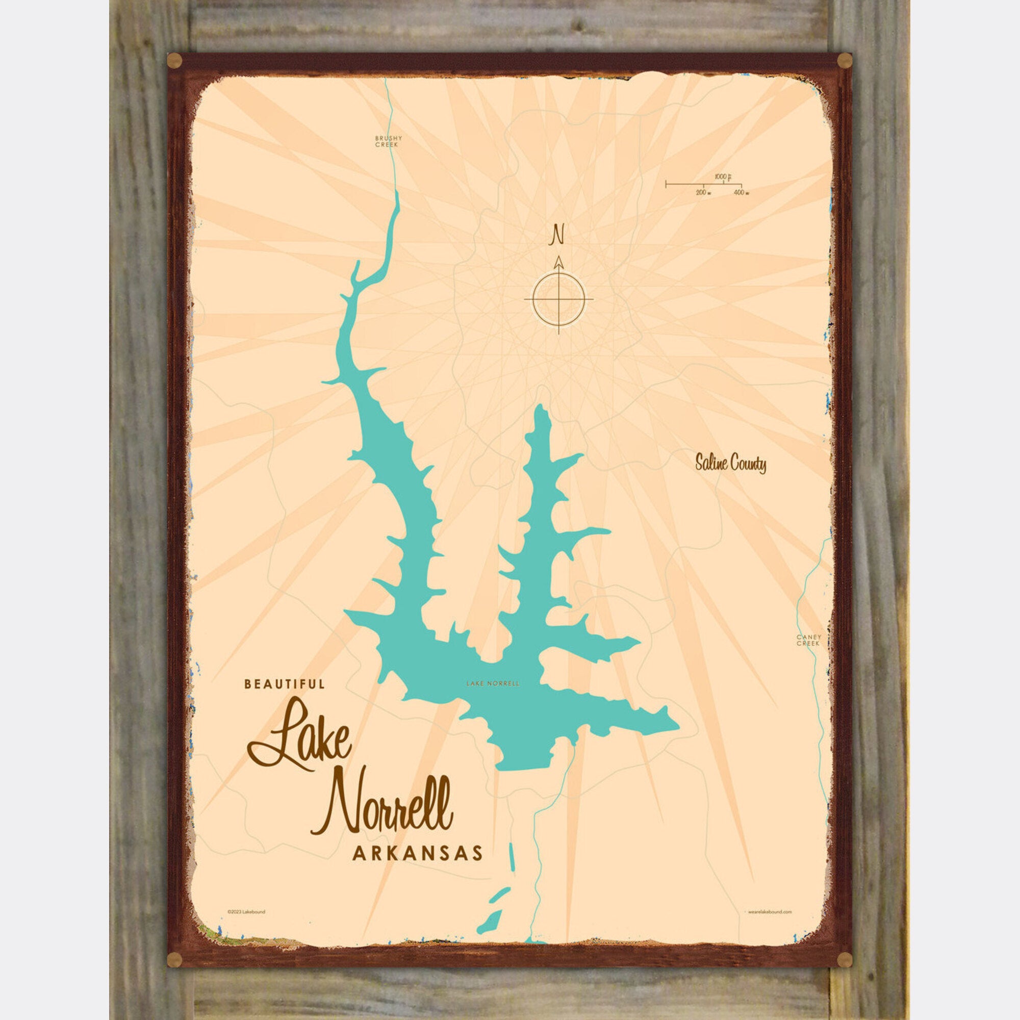 Lake Norrell Arkansas, Wood-Mounted Rustic Metal Sign Map Art