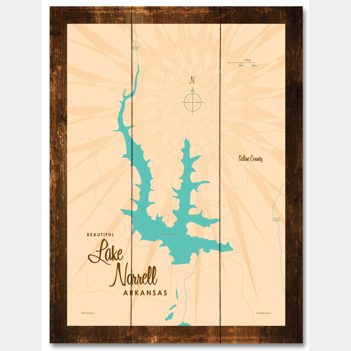 Lake Norrell Arkansas, Rustic Wood Sign Map Art Lakebound®