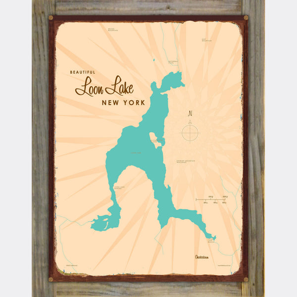 Loon Lake Chester New York, Wood-Mounted Rustic Metal Sign Map Art