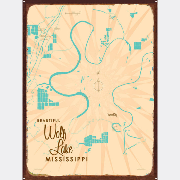 Wolf Lake Mississippi, Rustic Metal Sign Map Art