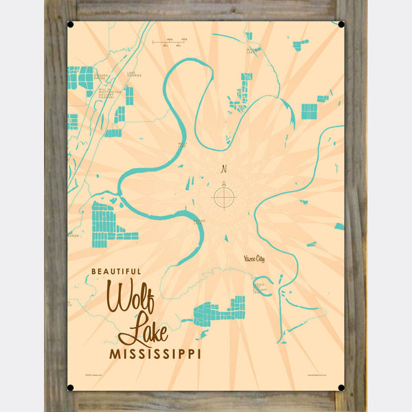 Wolf Lake Mississippi, Wood-Mounted Metal Sign Map Art