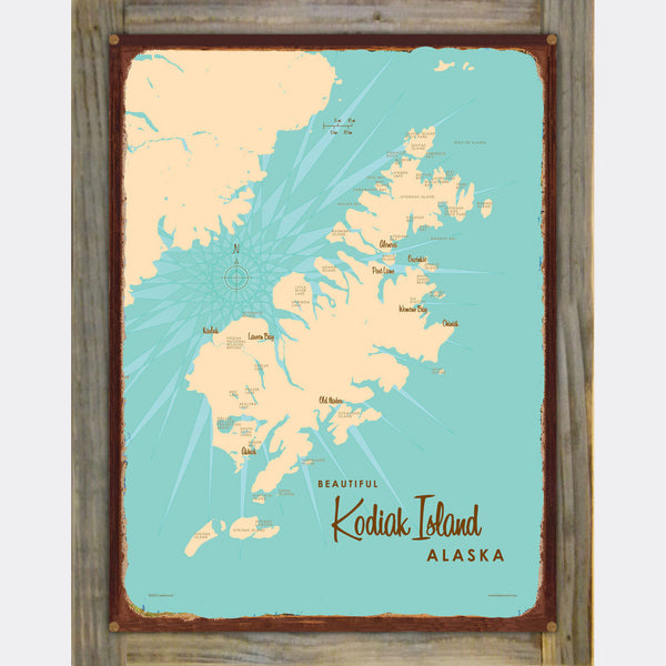 Kodiak Island Alaska, Wood-Mounted Rustic Metal Sign Map Art