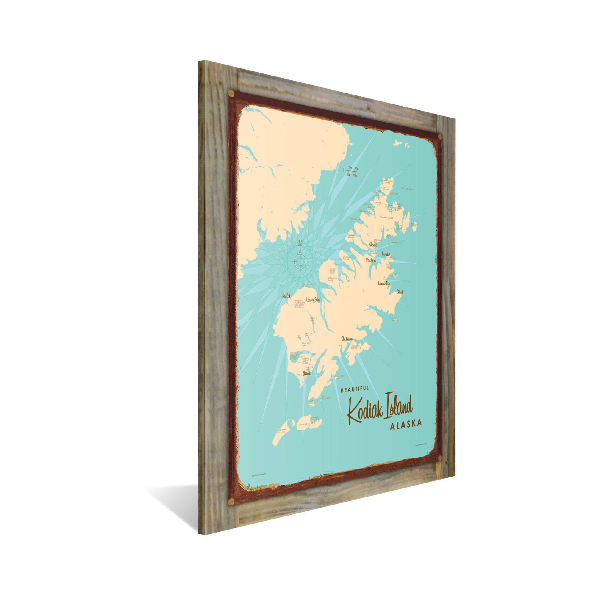 Kodiak Island Alaska, Wood-Mounted Rustic Metal Sign Map Art