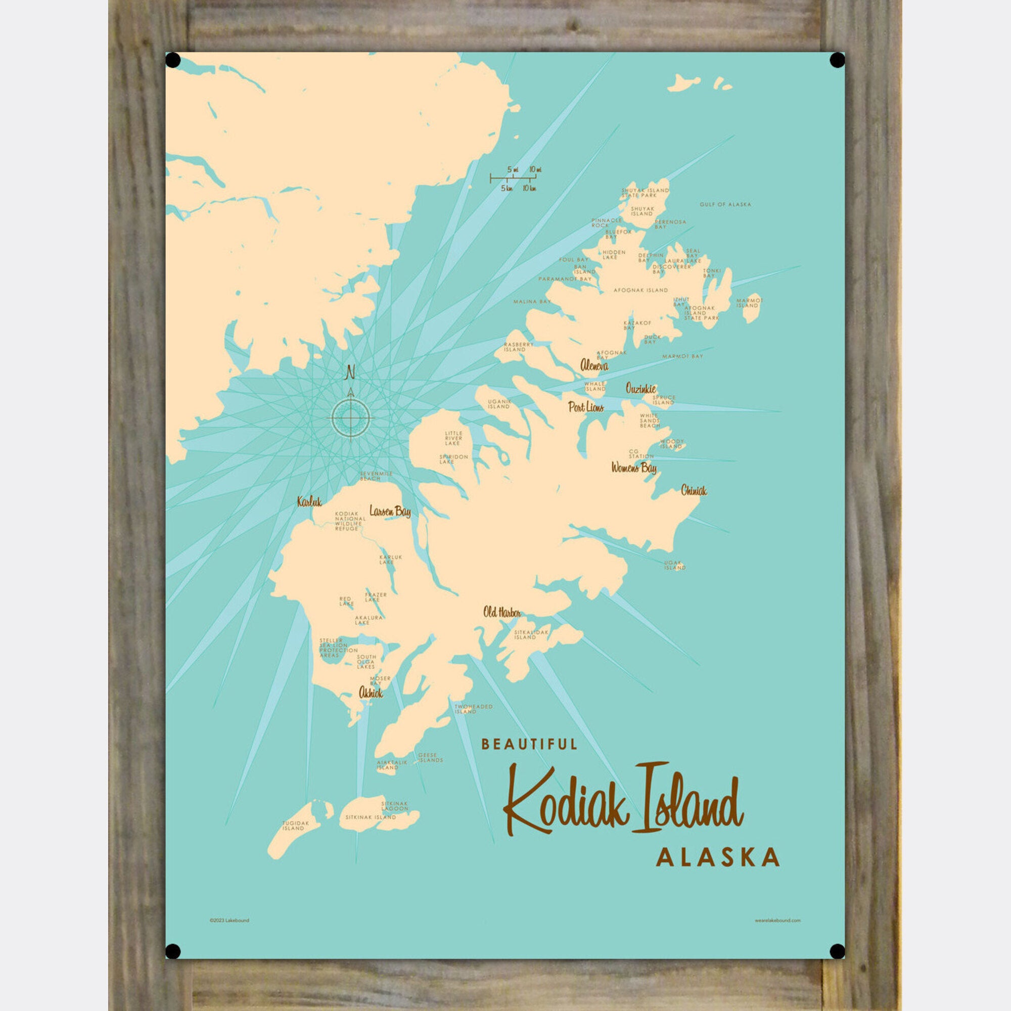 Kodiak Island Alaska, Wood-Mounted Metal Sign Map Art