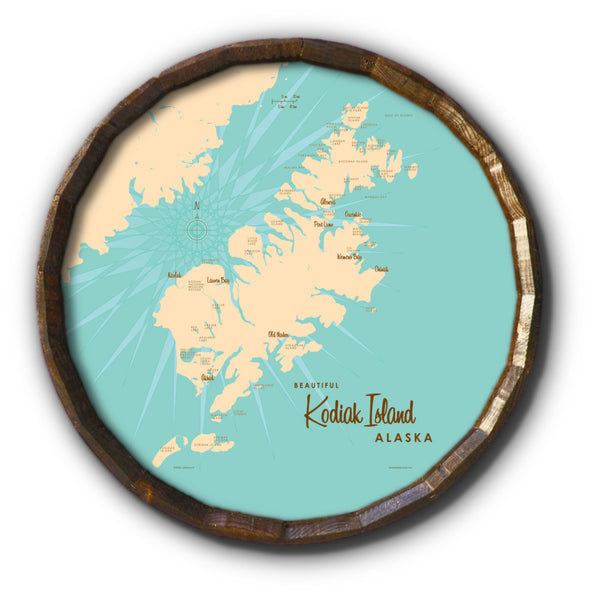 Kodiak Island Alaska, Barrel End Map Art