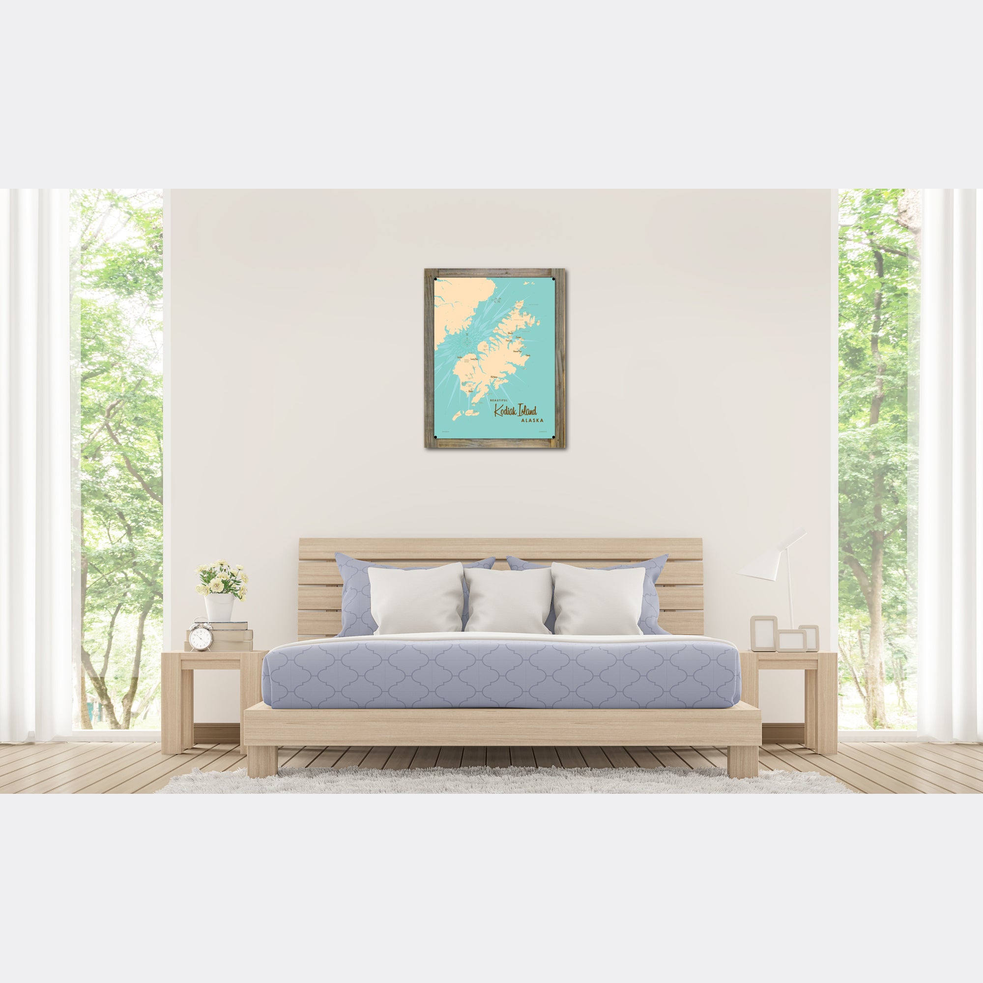 Kodiak Island Alaska, Wood-Mounted Metal Sign Map Art