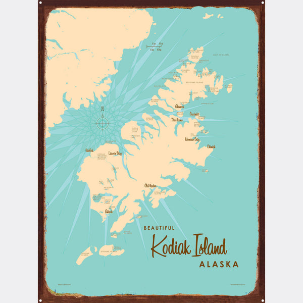Kodiak Island Alaska, Rustic Metal Sign Map Art