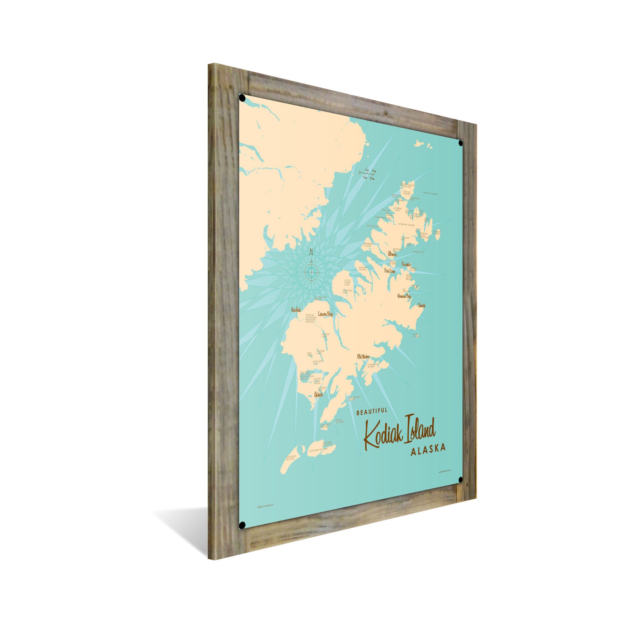 Kodiak Island Alaska, Wood-Mounted Metal Sign Map Art