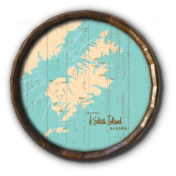 Kodiak Island Alaska, Rustic Barrel End Map Art