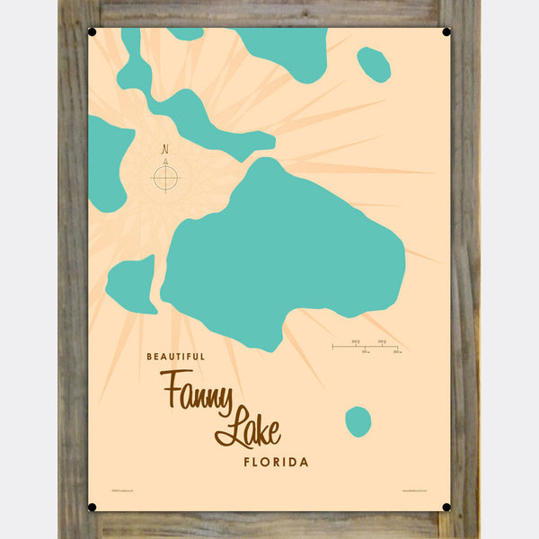 Lake Fanny Florida, Wood-Mounted Metal Sign Map Art